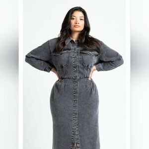 ELOQUII Women's Plus Size Black Wash Denim Fitted Curvy Button Dress Size 18